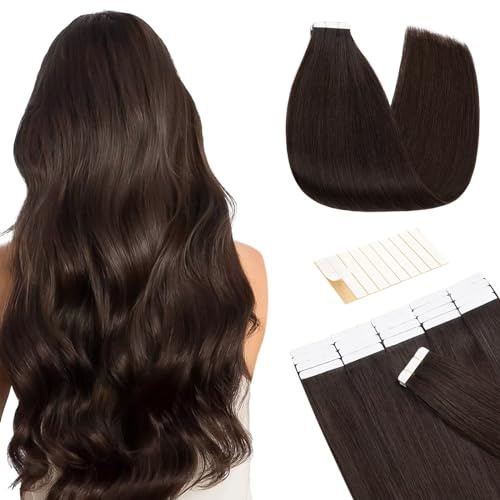 TESS Tape Extensions Echthaar Dunkel Braun #2 50 cm Echthaar Extensions Tape Haarverlängerung Remy Human Hair Glatt 10 Stück 25g