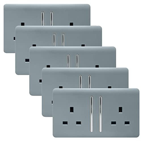 Trendi 2 Gang Artistic Modern Glossy 13 Amp Switched Tactile Plug Socket Cool Grey (5 Pack)