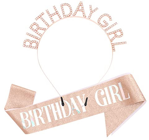 DRESHOW Geburtstag Mädchen Stirnband Geburtstag Tiara mit Schärpe Prinzessin Krone Strass Happy Birthday Zubehör für Damen Mädchen