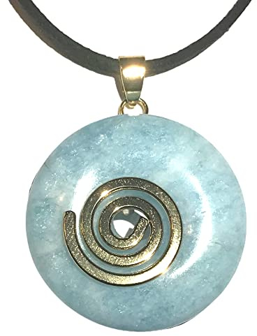 Steinfixx® - Premium Aquamarin blau Donut optional als Kette mit Silber- oder Goldanhänger und 80cm Lederband | Heilstein | Edelstein | Chakra-Stein
