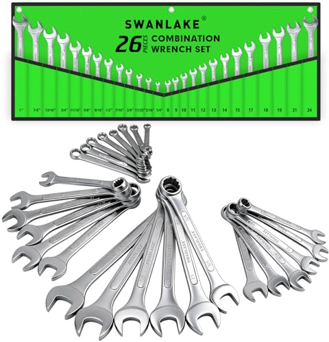 SWANLAKE GARDEN TOOLS 26-teiliges Kombischlüssel-Set mit aufrollbarer Tasche, SAE 1/4–1 Zoll, metrisch 8 – 24 mm, ideal für den allgemeinen Hausgebrauch, die Garage, Autoreparaturen und Notfälle auf