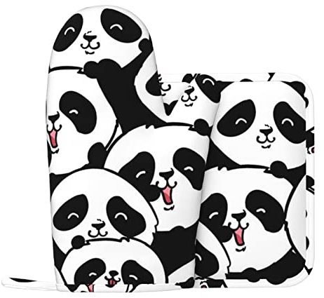 Ensemble de Gants de Four et de maniques Panda Mignons pour la Cuisine, la Cuisson et Le Four à Micro-Ondes, Gants Anti-Chaud en Silicone + Coussin Anti-Chaud (Gant de Main Gauche)