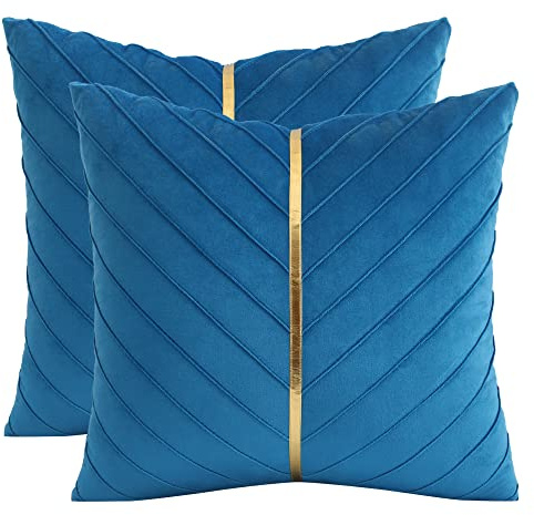 Tosleo Lake Blue Velvet Throw Pillow Covers 16x16 inch Pack of 2 with Gold Leather Decorative Couch Pillowcases Luxury Modern Pillow Cover for Living Room Bedroom Sofa Cushion Bed 40x40CM