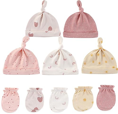 MAMIMAKA Set di cappelli e guanti per neonati con cappellini per neonati da 0 a 6 mesi, 100% cotone, Rosa Hpgm31, 0-6 mesi