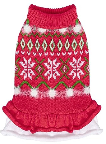 CuteBone Weihnachten roter Hundepullover Kleid Schneeflocke Welpe Wintermantel Hund Rüschenkleid Katzenbekleidung mit Loch für die Leine für kleine mittelgroße Hunde DS85M-DE