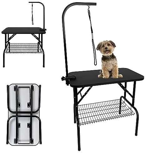 SUBTLETY Trimmtisch für Hunde Katzen Schertisch Klappbar Tierpflegetisch mit 360° Drehbarer Haltegurt & 1 Schlingen Höhenverstellbar Hundepflegetisch Hundefriseur Tisch bis 60kg Belastbar (S)