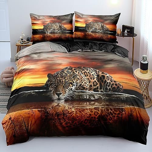 YASMENG Bettwäsche 200x220 Leopardenmuster Tiermotiv Gold Orange 3D Bettwäsche Weich Komfort Mikrofaser Bettwäsche 3 Teilig für Geschenke Zimmer Deko mit Reißverschluss und 2 Kissenbezüge 80x80 cm