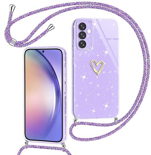 Yichu Coque pour Samsung Galaxy A54 5G avec Cordon, Glitter Souple Silicone Housse avec Collier, Réglable Lanyard Case avec Motif Coeur d'amour, Etui Antichoc Protection Cover pour Samsung A54, Violet