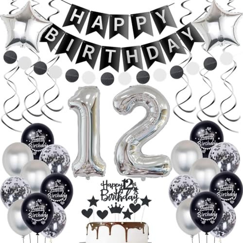 Silber 12. Geburtstag Dekoration Luftballon 12 Jahre Junge Mädchen Geburtstagsdeko 12 Jahre Junge Schwarz Ballon 12 Geburtstag Deko Schwarz Silber Mädchen Junge 12 Geburtstag Tortendeko
