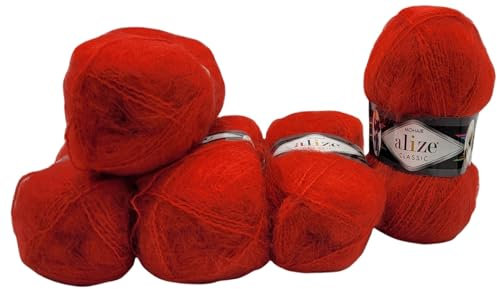 5 x 100 Gramm Ilkadim Export Mohair Classic Strickwolle, 500 Gramm Strickgarn einfarbig mit 25% Mohair Wolle (rot 56)