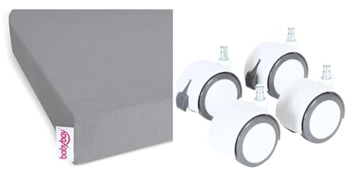 babybay Jersey Spannbetttuch Deluxe passend für die Modelle Maxi, Midi, Boxspring, Comfort und Comfort Plus, grau, 89 x 50 cm (1er Pack) & Rollensatz Parkett/Rollen