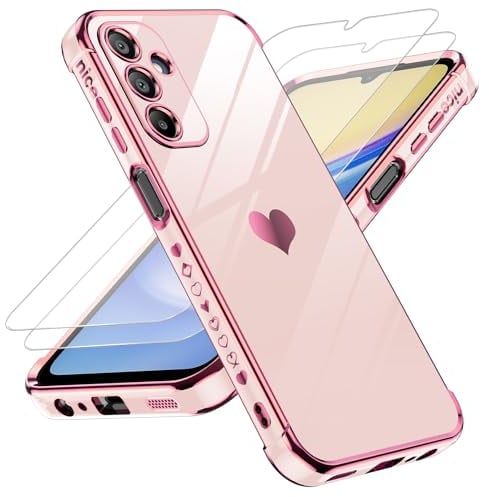 LeYi Hülle für Samsung Galaxy A15 4G/5G Handyhülle mit 2*Schutzfolie, Cute Herz Muster TPU Silikon Galvanik Stoßfest Schutzhülle Cover Case, Kameraschutz Kratzfest für Samsung A 15 Rosa
