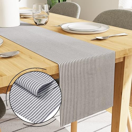 Encasa XO Baumwoll-Tischläufer 4 Seater | Größe 32x150 cm | Ticking Navy Blue - Maschinenwaschbar & Langlebig
