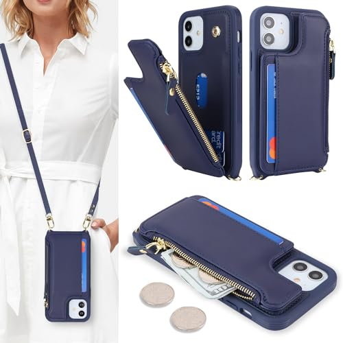 SailorTech Handyhülle für iPhone 12 Etui mit Kartenfach, iPhone 12 Pro Hülle mit Verstellbarer Halskette, iPhone 12/12 Pro Handytasche mit Reißverschluss Geldbörse - Blau