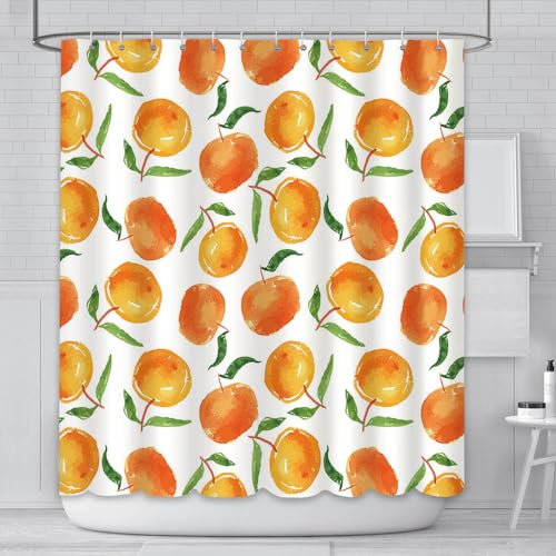 AIBIIN Cortina de ducha naranja con hojas verdes y cítricos, modernización, impermeable, duradera, accesorio de bañera familiar, poliéster, con 12 ganchos, 180 x 180 cm