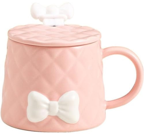 VollfitYYu Tazza da caffè con coperchio e cucchiaio, 350 ml, dolce tazza da caffè con fiocco, tazza creativa, tazza di cacao con manico, per compleanno, Natale, festa della mamma, San Valentino (rosa)