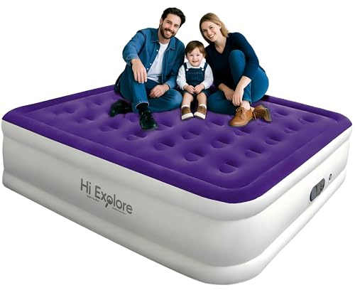 Hi Explore Matelas gonflable pour grand lit avec pompe intégrée surélevée, en peluche confortable, matelas gonflable gonflable portable pour la maison, les invités, le camping (violet, 45,7 cm de