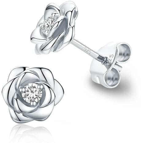 1 Paar Rose Ohrstecker Silber Ohrringe Damen mit Strasssteinen, Blumen Ohrringe Silber 925 Stecker Schmuck Damen mit Geschenkbox, Geburtstagsgeschenk für Frauen Mädchen Freundin. (Silber)