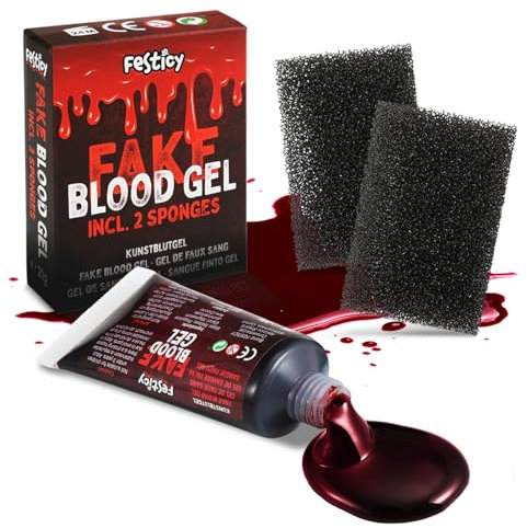 Festicy Faux Sang Coagulé 20g avec 2 éponges I Maquillage Halloween pour adultes et adolescents I Parfait pour faux sang Halloween 2025 Sang faut, Gel Sang, lavable, decoration halloween