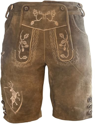 Krist und König Premium Lederhose Wildbock – Kurze Herren Trachtenlederhose aus feinstem Wildbockleder inkl. Hosenträger - Oktoberfest - Kirchweih - Größe 52 - braun