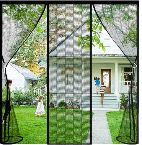 ZHZFSH Magnetic Fly Screen Door Double Door Screen Curtain for Sliding Door with Powerful Magnets and Full Frame Magic Tape Double Door Anti Mosquito Mesh Fly Curtain, Black-A, 300x210cm