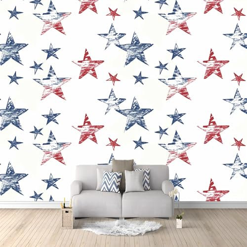 Papier peint intissé Dessinés À La Main Étoiles Rouge Bleu Blanc Tissu non tissé Tableaux Muraux Tapisserie Photo Décoration Murale Salon Chambre 250x175 cm