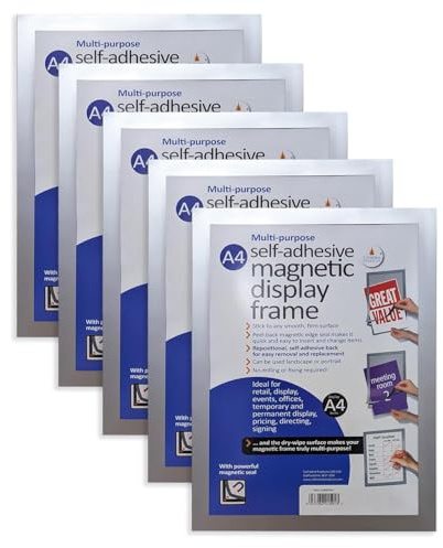 5 x A4 Self-Adhesive Magnetic Display Frames - Landscape or Portrait Wall Mounted Multipurpose Notice Board with Dry Wipe Surface for Home, Classroom, Office – Measures 32 x 24cm