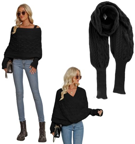 ISAKEN Strickpullover mit Ärmeln - Damen Wrap Schal Winter Warm Gestrickter Elastischer Halswärmer für Spaziergänge und Weihnachtsfeier