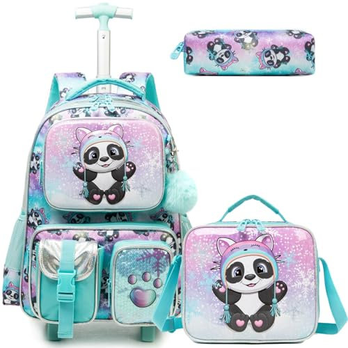 Egchescebo Kinder Rolling Rucksack für Mädchen Panda Koffer Trolley Roller Gepäck Rucksäcke auf Rädern mit Lunch Box Pencil Case für die Grundschule Mehrere Funktion Taschen Travel School Bag Grün