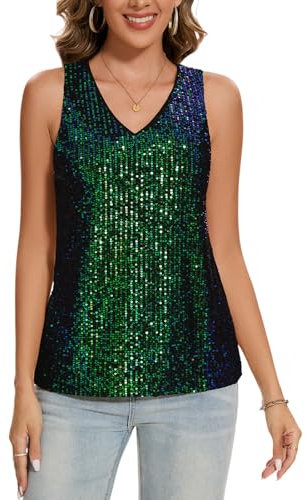 MINTLIMIT Damen Pailletten Glitzer Tunika Ärmellos Tank Top Läsiges V Ausschnitt Oberteil Lose (Grün XXL)