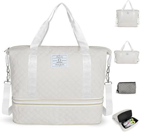 Geestock Travel Bag for Women with Shoe Compartment, Expandable 20L to 29L Weekend Overnight Duffel, Lightweight Carry-on Holdall Cabin Bag for Travel, Airplanes, Gym (Beige)
