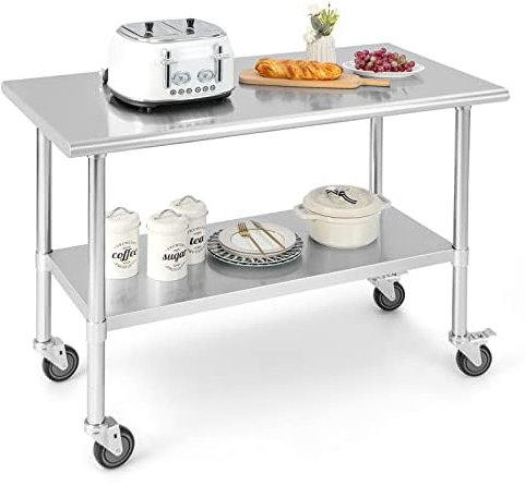 FANTASK Arbeitstisch Edelstahl, Küchentisch Edelstahltisch mit Höhenverstellbarer Ablage, Silbern