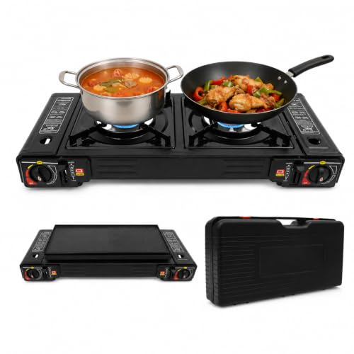LENDISIY Gaskocher 2-Flammig mit Grillplatte, Tragbarer Campingkocher Gasgrill, Camping Grill Gas Stove, Campinggaskocher BBQ Set mit Koffer, für Camping, Reisen, Trekking und Kochen im Freien