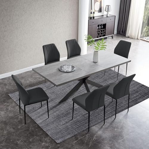 jiexi Essgruppen Für 4-6 Personen, Esstisch Ausziehbar Mit Stühlen, Moderner Grauer MDF-Holztisch, Geeignet Für Wohnzimmer, Küche (130-170cm Tisch + 6 Schwarze Stühle)