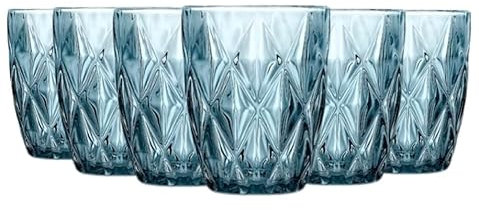 TRESV Set de 6 Vasos Colores o Transparente, Vaso de Cristal agua de 300 ml, Vaso de Agua y Bebidas, Aptos para Lavavajillas (Azul)