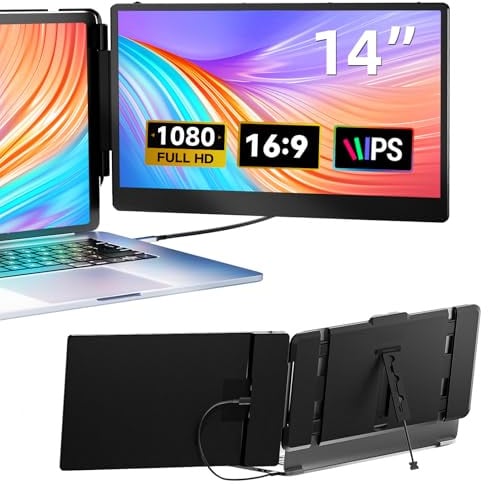 14,0“ Estensore per schermo portatile, doppio monitor estensore IPS FHD 1080P monitor da viaggio portatile Plug-and-Play per laptop da 13,3” a 17 con HDMI/USB-A/Type-C, compatibile con Windows/Mac,