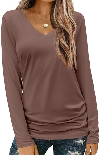 Zeagoo Women Long Sleeve T Shirts V Neck Top Casual Loose Fit Plain Tops | Ladies Tops｜Autumn Winter Base Layer｜Basic Soft Longsleeve Top｜Solid Tee Shirt｜Black/Brown/White Top Women｜S-XXL