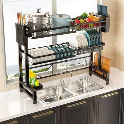 Bandeja Escurreplatos Mueble Escurreplatos Escurridor De Platos De Altura Ajustable Con Soporte Para Tabla De Cortar Estante Para Platos Para Organizador De Cocina, Ahorro De Espacio(Double layer)