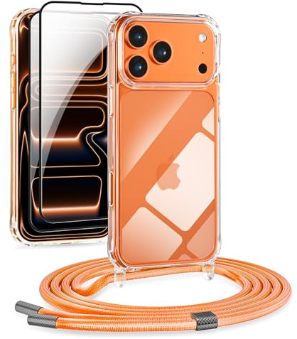 DiDaDi Ensemble 5 en 1 Chaîne de téléphone portable pour iPhone 17 Pro Max avec bande - Housse transparente amovible avec cordon, 2X verre trempé & film pour objectif de caméra (Orange)