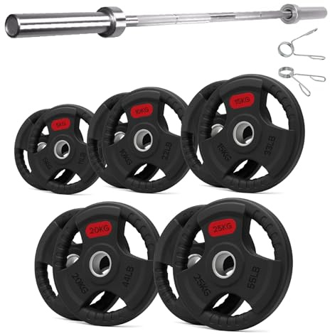Tri Grip Weight Plates Cast Iron Rubber Coated Weights Sets & Pairs (1.25kg–25kg) for Home Gym Strength Training, Weight Lifting & Muscle Building for Men & Women (With 7ft Barbell, 150kg Set)