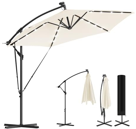 WOLTU Sombrilla de Patio φ 3 m con Luz LED, Parasol Grande Giratorio 360°, Ajustable en Ángulo, Protección UPF 50+ con Bolsa, Poliéster Resistente, para Jardín y Piscina, Beige