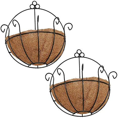 YGbridge Lot de 2 pots de fleurs muraux demi-ronds en métal avec doublure en coco, panier suspendu pour plantes d'extérieur, support mural, jardinières à suspendre pour clôture, balcon et porche (30,5