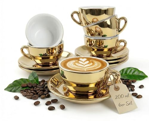 MUVELL 6x Cappuccinotassen 200 ml | Gold - Chrome | Italian Style | dickwandig & schwer | Cappuccino 6er Set mit Untertassen - Geschenkset