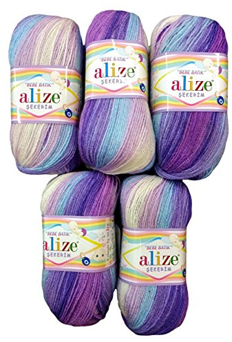 5 x 100g Babywolle Bebe Batik lila Flieder rosa Weiss Nr. 3483, 500 Gramm Wolle zum Stricken und Häkeln