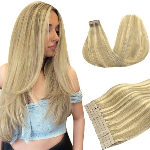 DOORES Hair Extensions Tape in, Hellblond Highlights Goldblond 45cm (18zoll) 50g 20pcs, Klebeband in Echthaar Haarverlängerung Echthaar Tapes Gerade Haar