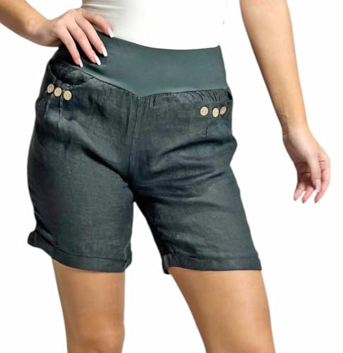 Mississhop 293 Damen Leinenshorts Bermuda lockere Kurze Hose Freizeithose 100% Leinen Shorts mit DREI Knöpfen Sommer Strand Graphit S