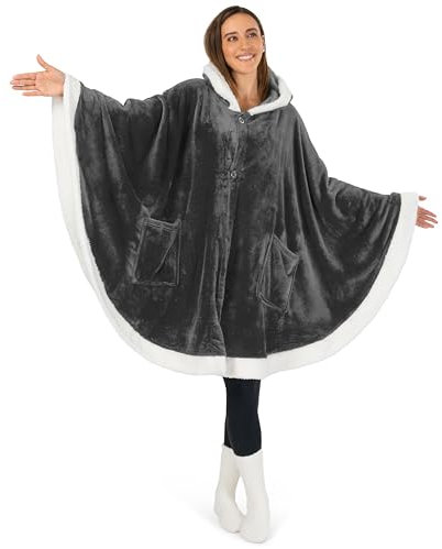 PAVILIA Angel Wrap Kapuzendecke,Poncho Decke Wrap mit weichem Sherpa Fleece,tragbare Decke Überwurf Geschenk mit Kapuze Taschen Umhang,Plüsch Warm Schal gemütliche Geschenke für Frauen Ehefrau (Grau)