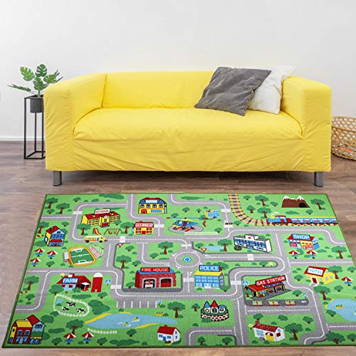 Yincimar Kids Carpet Playmat Rug, 5' x 6'6 Extra Large City Life Educational Car Rug for Baby Toddler Boy Bedroom Playroom