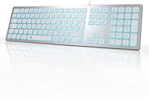 B.FRIENDIT Aluminum Slim Backlit Keyboard Wired - UK Layout Compatible with Apple iMac, Macbook, Mac and PC, USB Keyboard Numeric Keypad RGB Backlit Key - Silver White