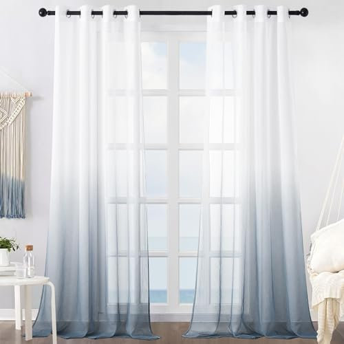MRTREES Voile Gardinen Farbverlauf Leinenoptik Transparent Vorhang Kurz Tüllvorhang mit Ösen in Grau Weiß Verlauf 260×140cm (H×B) Modern für Dekoration Kinderzimmer Wohnzimmer Schlafzimmer 2er-Set